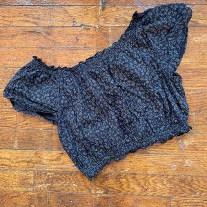 Kimchi Blue Navy Off-The Shoulder Crop Top With Delicate White Floral Detail